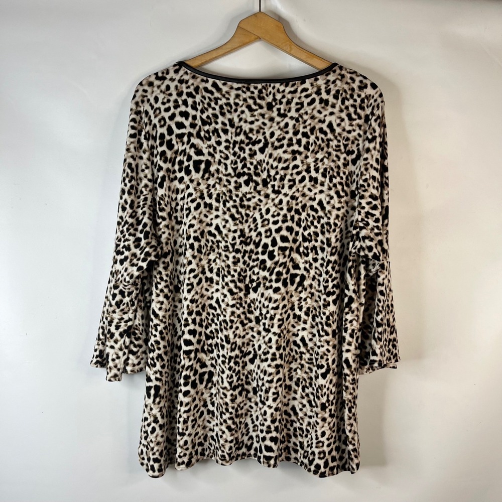 Calvin Klein Top Women 2X Brown Leopard Print Bell Sleeve Faux Leather Trim - Picture 5 of 8